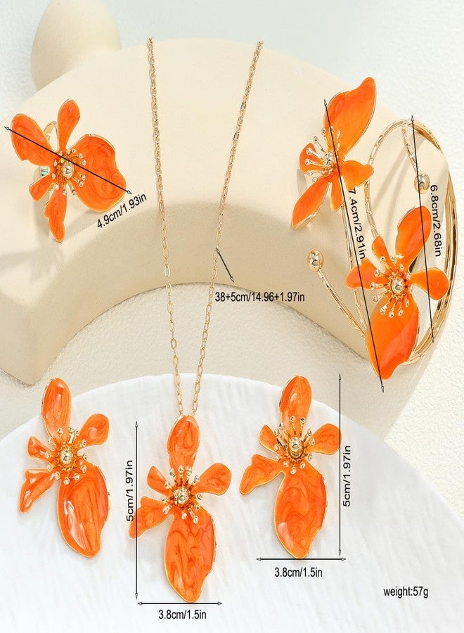 Thalireth 4PCS Gold Orange Flower Cuff Arm Bracelets Upper Arm Earrings Hibiscus Necklace Chunky Ring Fall Summer Orchid Hibiscus Jewelry Set For Women Thankgiving Fall Birthday Gift - Image 2